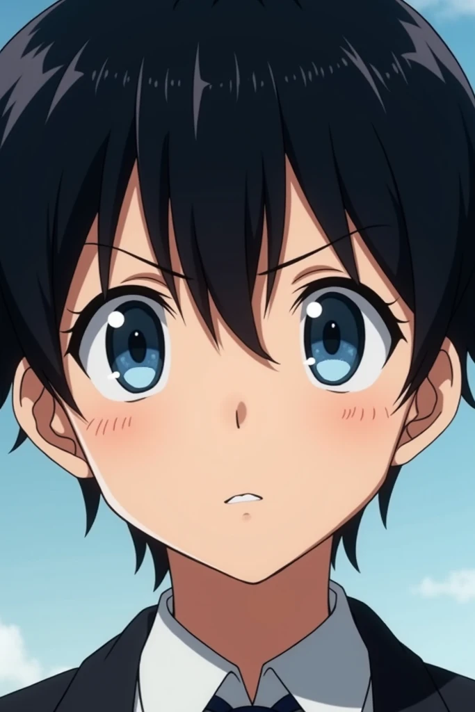 ((best quality)), ((masterpiece)), (detailed), perfect face, small blue ocean eyes with almond shape, boy, short black hair, anime style, a serious expression