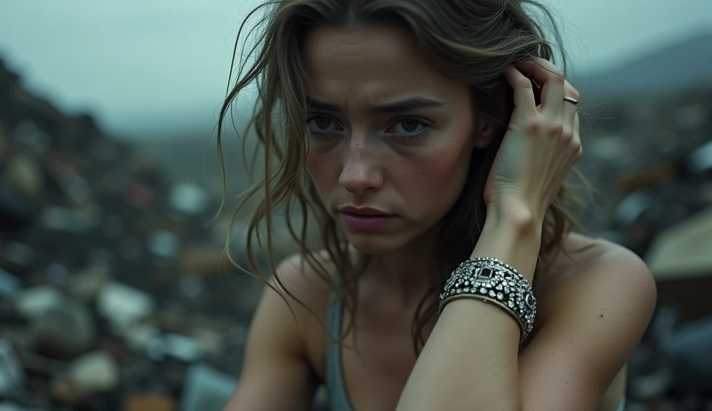  a cinematic image of a fair-skinned  woman with a beautiful bracelet on her arm, Shes at the dump and cries a lot of tears in her eyes 