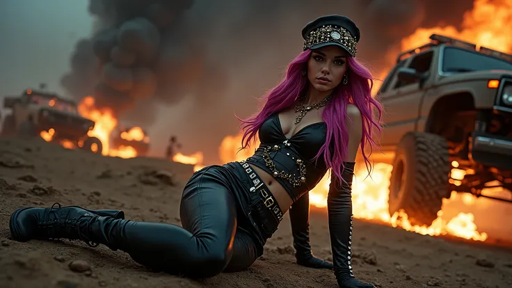 (  masterpiece ,  best quality),  A breathtaking young woman wearing long leather garments , always in the foreground ,  radiant hair flowing in various punk-style colors  , dressed in the Mad Max style :  a leather pilot hat adorned with intricate ornamen...