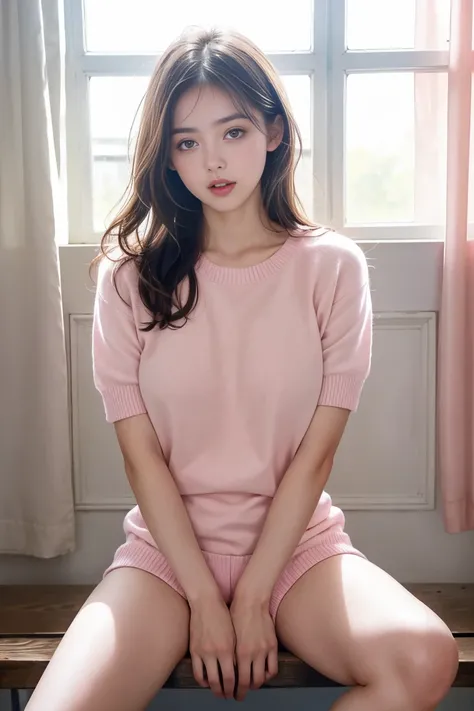 a beautiful french 18 year old brunete girl, handcuffed, wearing a pink short sleeve sweater, realistic, visible legs, doggystyle position, high quality, detailed, photorealistic, cinematic lighting, soft colors, elegant, erotic,pale skin,open mouth