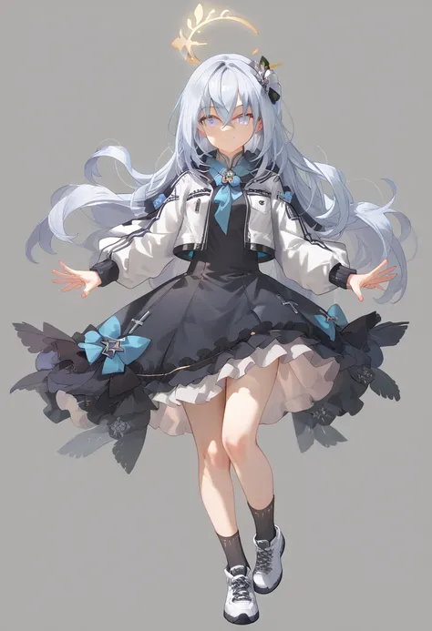 azusa_(blue_archive) absurdres highres 1girl alternate_costume black_skirt black_socks closed_mouth cross-laced_footwear crossed_bangs full_body grey_hair grey_jacket hair_between_eyes halo hands_up jacket layered_sleeves long_hair long_sleeves looking_at_...