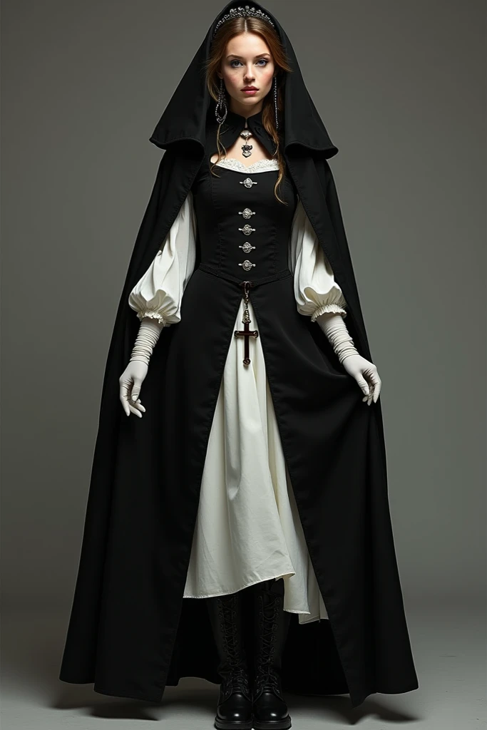 woman， gothic dress with small lapels and vertical four buttons ，Light coloured bottoms and white puff sleeves， and a T-shaped cross hanging with a velvet rope，Black shawl and long gloves ， white stockings and black hard soled leather boots 