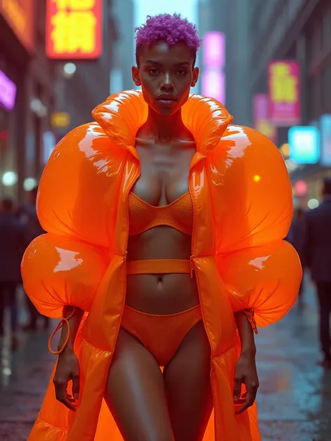 objective: (), neon orange, HyperAss Women, Milf, small , Big Ass, Sexy, Hot, short hair, very short (rococo) hair, Short clothes. with lots of bio-translucent violet and yellow inflatable parts and and puffy sleeves, Dua Lipa as Megan thee Stallion as Vix...