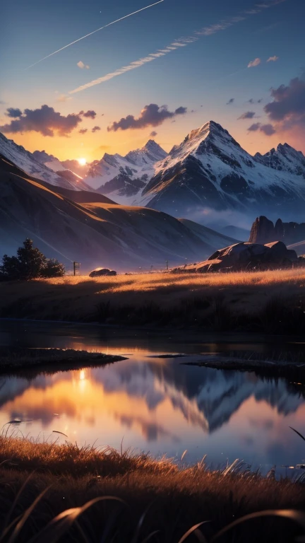 Realistic landscape futuristic Ultra HD 8K sunset with moonlight in the sky Realistic clouds of the highest quality with mountains in the background reflective weather and wind blowing over the grass Realistic in Ultra HD K4