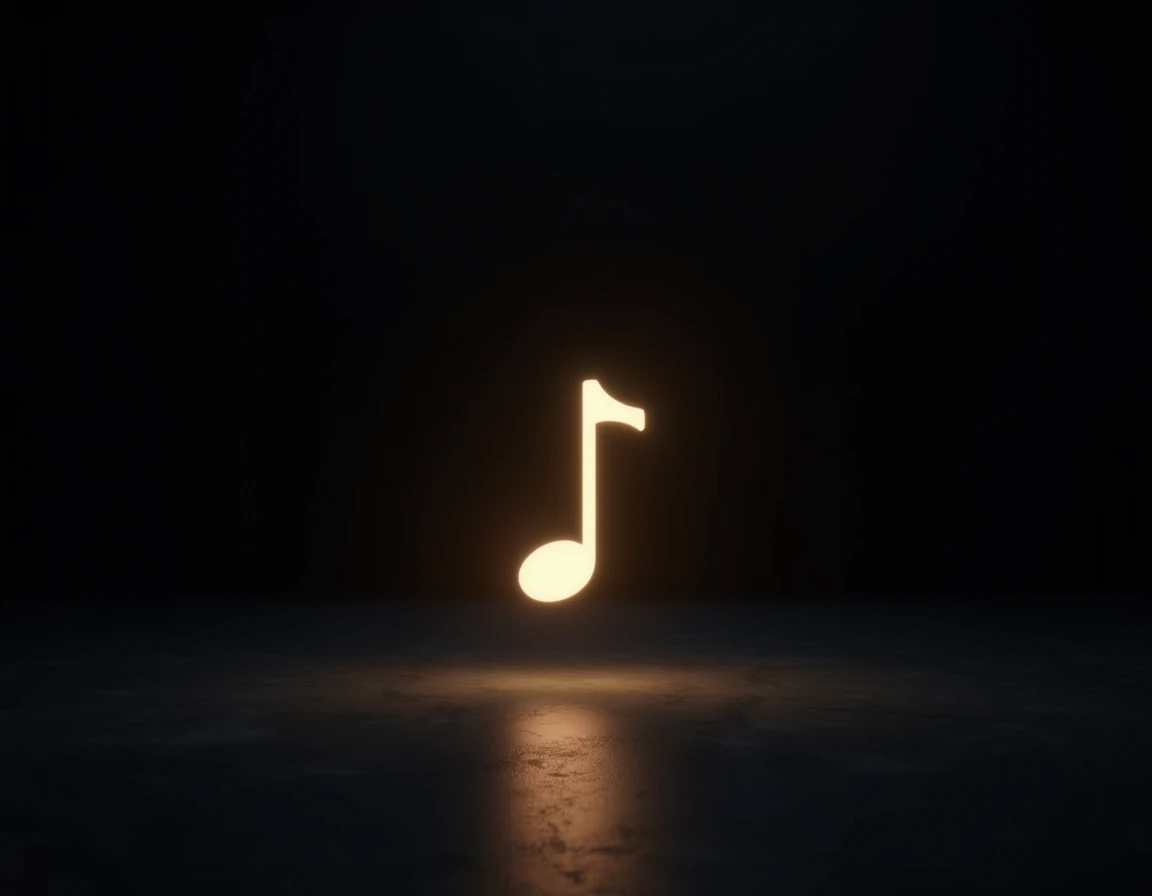 a musical note on a black background illuminated by a very dim light on a stage