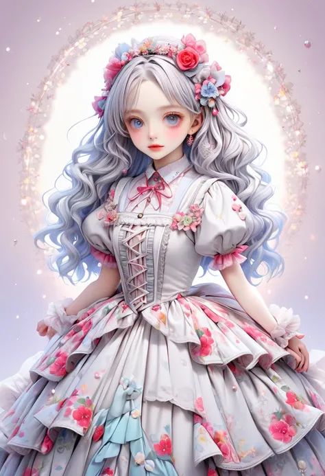 1 cute girl 、 ligne claire, contour deepening beautiful detailed glow, by famous artist,  head tilt, long white hair, curly hair, Air bangs, Grey hair, beautiful detailed hair, Beautiful face, ^ ^, lovely big eyes, flat chest, zettai ryouiki, ターコイズカラーのドレス ...