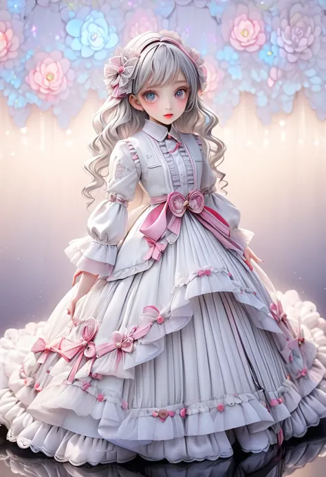 1 cute girl 、 ligne claire, contour deepening beautiful detailed glow, by famous artist,  head tilt, long white hair, curly hair, Air bangs, Grey hair, beautiful detailed hair, Beautiful face, ^ ^, lovely big eyes, flat chest, zettai ryouiki, ターコイズカラーのドレス ...