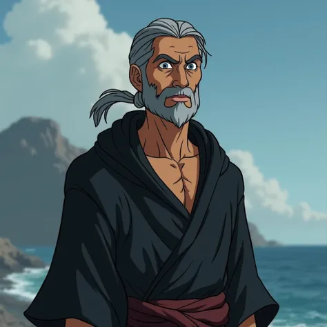 "older man, about 60 years,  animation style from The Blood of Zeus .  tanned skin ,  short gray beard, long gray hair tied in a ponytail.  Intense and mysterious blue-gray eyes .  He wears a simple dark robe and a shabby robe . calm expression, but with h...