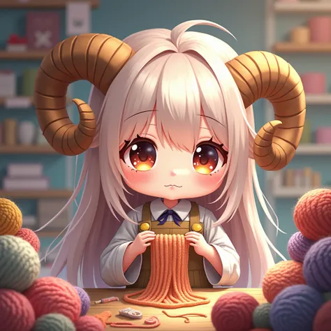 Cute chibi girl (super deformed, big head, big eyes) with ram horns, knitting, working at a craft store and busy with orders, surrounded by mountains of materials, This is cute fantasy art that looks like a fairy tale picture book, ultra detailed, absolute...