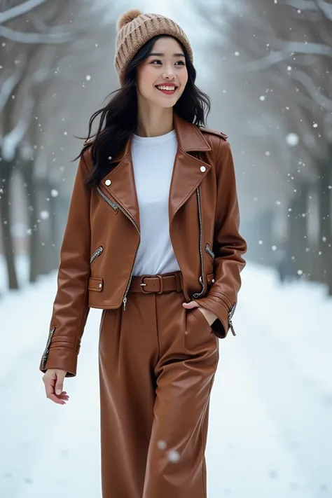 Beautiful asian woman in the faux brown leather crop biker jacket and brown pants wide leg and winter cap and white t shirt and walking in the winter