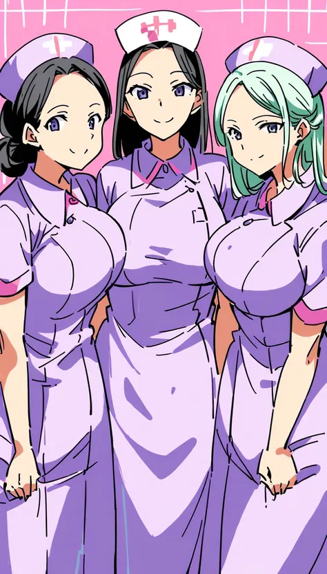 nurse, Big Breasts ,smile,Three women standing side by side,