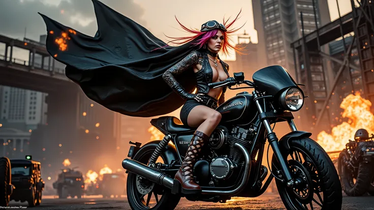 (  masterpiece ,  best quality),  A breathtaking young woman wearing long leather garments , always in the foreground ,  radiant hair flowing in various punk-style colors  , dressed in the Mad Max style :  a leather pilot hat adorned with intricate ornamen...