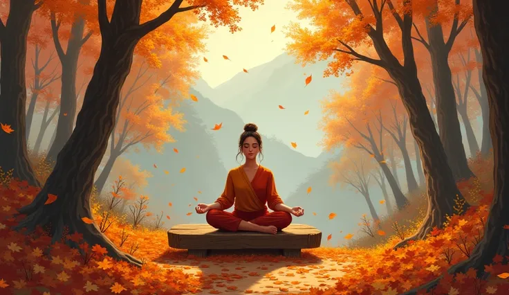 Create a captivating illustration of a woman in deep meditation in an enchanted autumn forest, capturing the essence of letting go and renewal.
In the heart of a mountainous forest, the woman sits cross-legged on a carved oak bench, her eyes closed and a p...