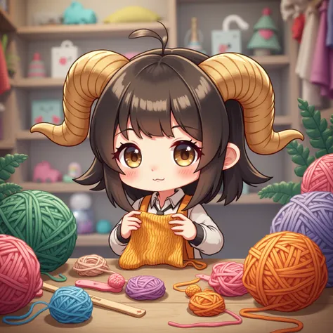 Cute chibi girl (super deformed, big head, big eyes) with ram horns, knitting, working at a craft store and busy with orders, surrounded by mountains of materials, This is cute fantasy art that looks like a fairy tale picture book, ultra detailed, absolute...