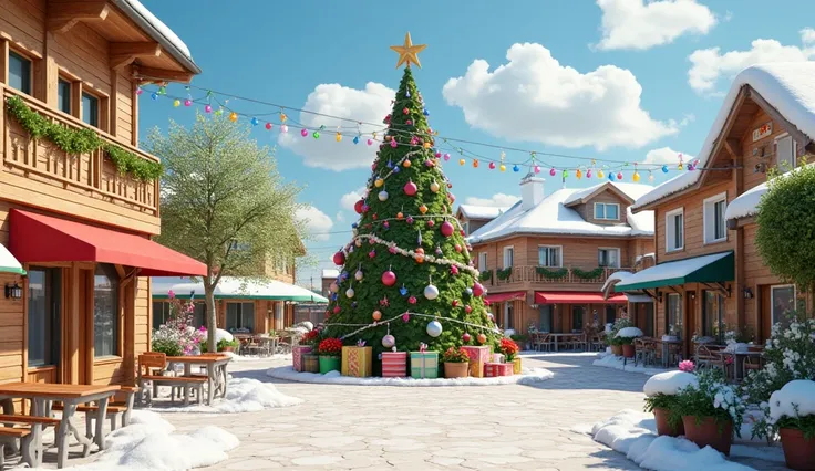 Whimsical outdoor Christmas daytime scene, under a clear, sunny sky. A vibrant and playful design featuring a realistic natural tree as the central focus. The setting spans 10 meters wide by 5 meters high, creating a cheerful, warm, and festive atmosphere ...