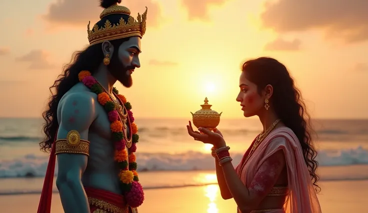 A dramatic scene set on a serene beach during a soft, glowing sunset. On the left, a figure dressed as Lord Vishnu, adorned with a golden crown, intricate jewelry, a garland of colorful flowers, and traditional attire, stands with a calm and divine express...