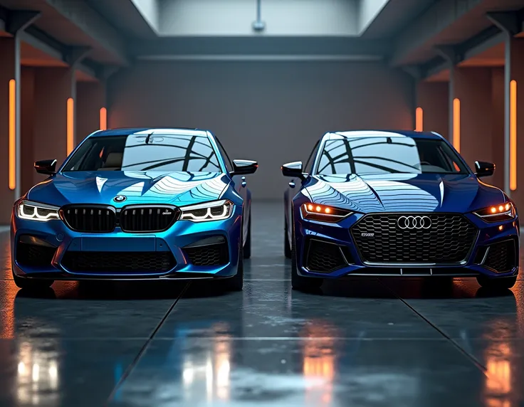 créer moi une image avec une BMW M5 G90 et un Audi RS7 sportback, texture 4K hdr, compliqué, hyper detailed, mise au point nette