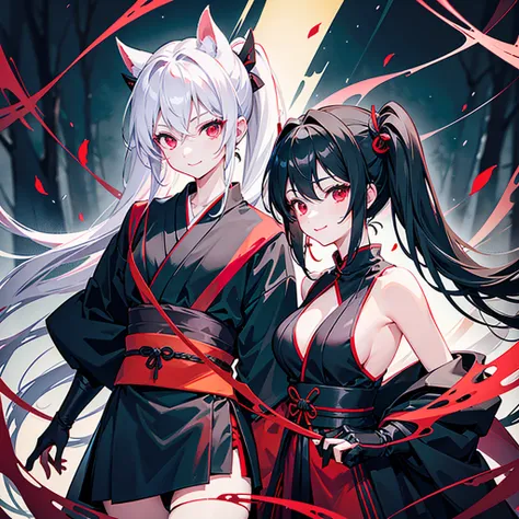  best image quality 1 .3、 in the dark forest 1 .3、well endowed1.7、Hold the Kunai 1.8、 harmonious friendly smile、 red eyes、黒いlong ponytail、black pig tails 、 pale red shinobi costume 1 .7、