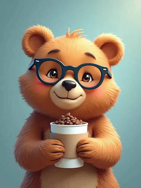 un ours qui tiens à la main une case de café jeune, porte des lunettes,arrière plan bleu,