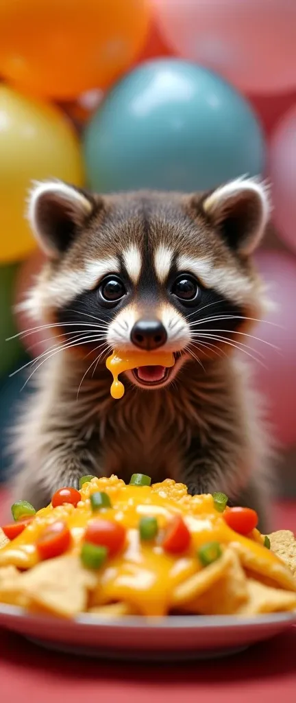 A photo of a baby raccoon with extra fluffy fur and big, expressive eyes, enjoying a plate of nachos topped with a cheesy sauce. The nachos are garnished with diced tomatoes and green bell peppers. The raccoons mouth is open, and cheese is dripping from it...