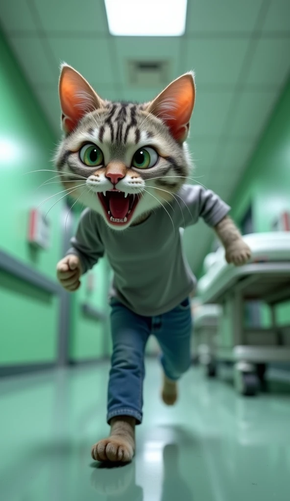 an anthropomorphic cat with gray and striped coat,  expressing anger ,  running quickly in a hospital corridor .  He is wearing a gray long-sleeved t-shirt and blue jeans.  The environment must be a typical hospital corridor , with green walls and a stretc...