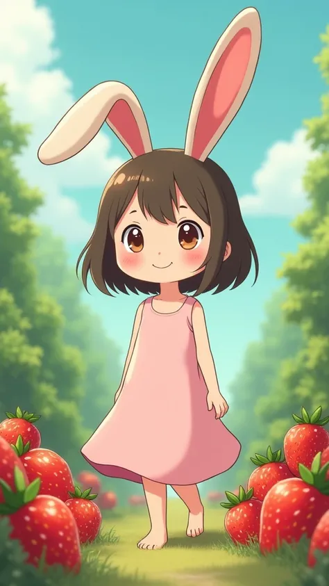 cartoon, very detailed, smiling Chucky Cute a short rabbit girl  Ghibli Studios style with light pink dress and with strawberry scenery