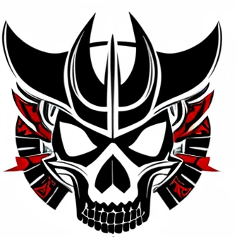  A tribal design featuring a skull wearing a samurai helmet is on display、   Tribal flame designs are displayed around    、  white background  、  Simple black and white vector image 、Something like a mandala    、