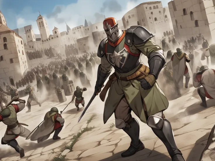 Crusaders soldiers with their uniform. Attacking an ancient city