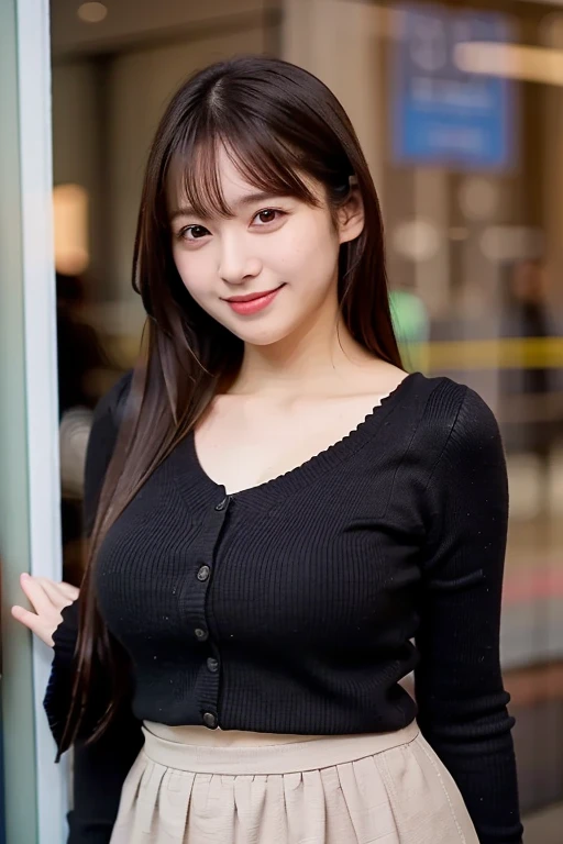 (Masterpiece,  best quality, Perfect Anatomy,  highres icon, 8k, realistic, photo realistic, natural skin texture, no makeup:1.2), Japanese girl stopping in front of a shop window, age20, (very cute:1.2), shy smile, (large breasts and perfect style:1.2), (...