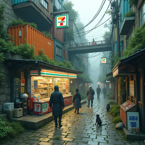 7-11 Mini mart on second floor of slope cobble stone wall  plenty levels to top city, in Japan future post apocalypse ,people happy living in sewage area, green moss and flower on wall and stone ,first floor down street ground used to be flood way but now ...