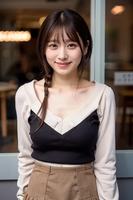 (Masterpiece,  best quality, Perfect Anatomy,  highres icon, 8k, realistic, photo realistic, natural skin texture, no makeup:1.2), Japanese girl stopping in front of a shop window, age20, (very cute:1.2), shy smile, (large breasts and perfect style:1.2), (...