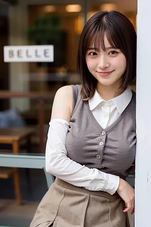 (Masterpiece,  best quality, Perfect Anatomy,  highres icon, 8k, realistic, photo realistic, natural skin texture, no makeup:1.2), Japanese girl stopping in front of a shop window, age20, (very cute:1.2), shy smile, (large breasts and perfect style:1.2), (...