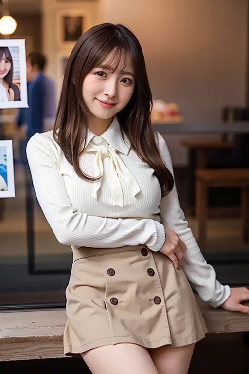 (Masterpiece,  best quality, Perfect Anatomy,  highres icon, 8k, realistic, photo realistic, natural skin texture, no makeup:1.2), Japanese girl stopping in front of a shop window, age20, (very cute:1.2), shy smile, (large breasts and perfect style:1.2), (...