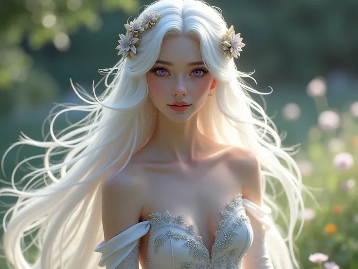 beautiful princess girl with long white hair and purple eyes in a beautiful open scale dress