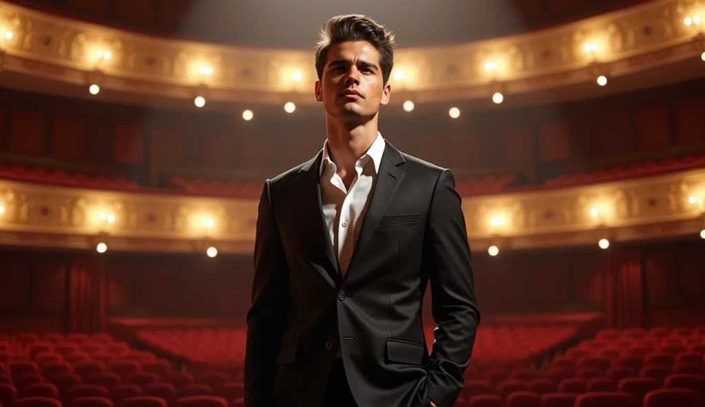 Create a picture of a clean-faced 18-year-old man on stage in a concert hall who would look like a twin brother of Julio Iglesias at the age of 18.