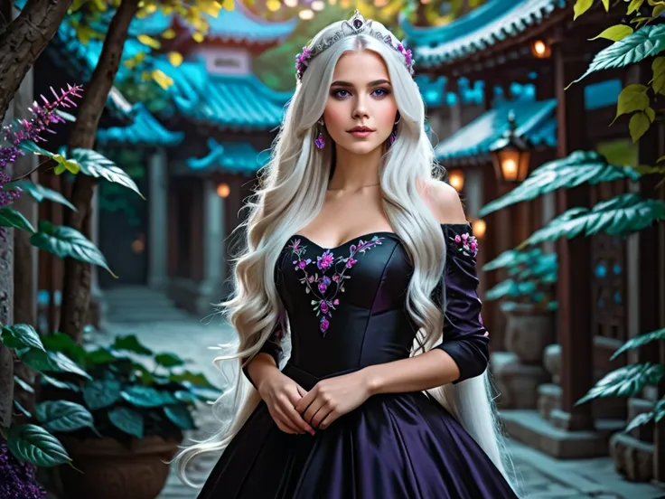 beautiful princess girl with long white hair and purple eyes in a beautiful open black dress