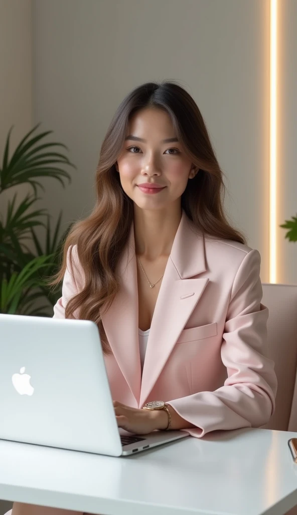 A digital entrepreneur in her 30s with long, slightly wavy hair, wearing a light pink blazer and holding an Apple laptop. She is in a minimalist setting with a white work desk, small plants in the background, and soft LED lights. The overall tone is sophis...