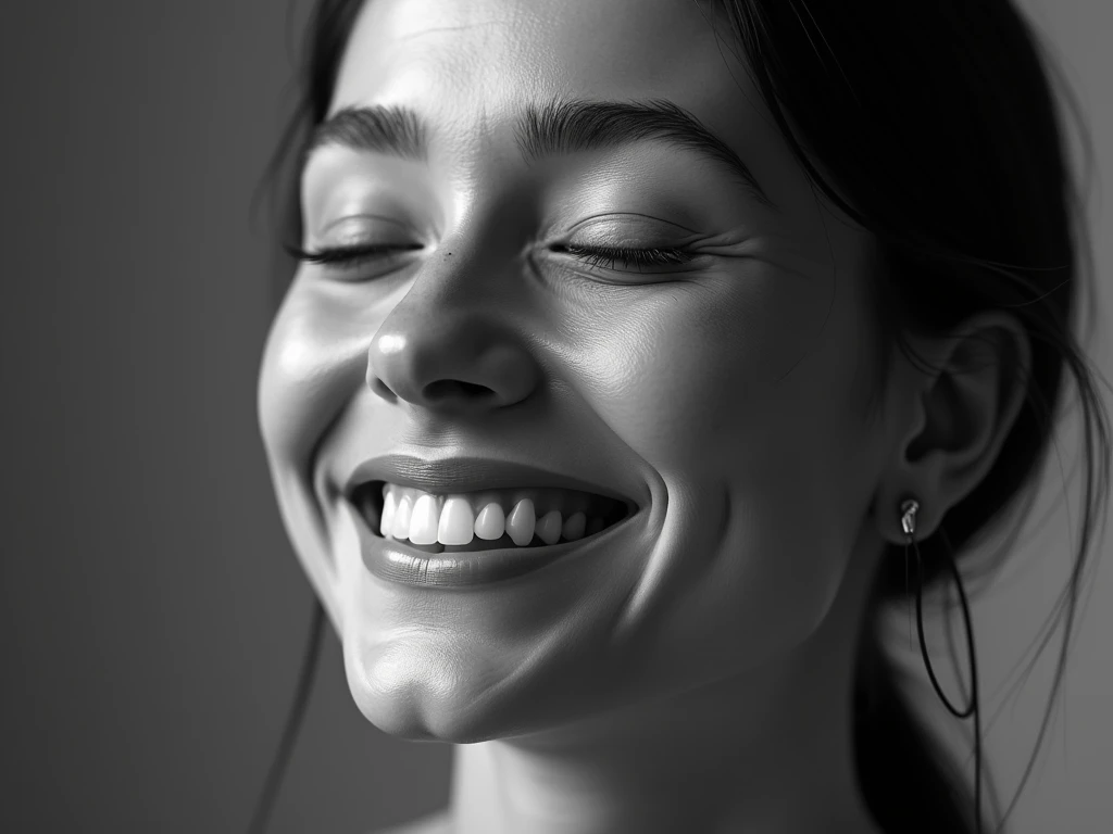  Create an ultra-realistic black and white image of a thoughtful and relaxed person, with expressions of happiness smiling with your eyes closed 