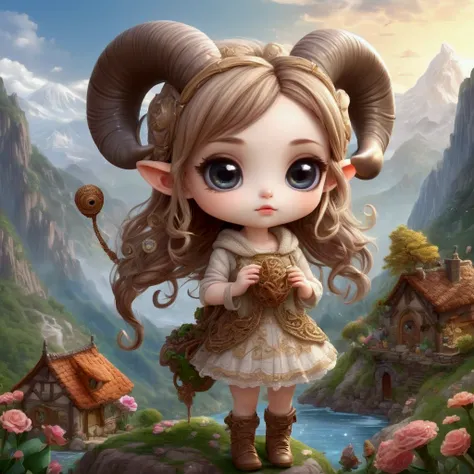 Cute chibi girl (super deformed, big head, big eyes) with ram horns, knitting, working at a craft store and busy with orders, surrounded by mountains of materials, This is cute fantasy art that looks like a fairy tale picture book, ultra detailed, absolute...