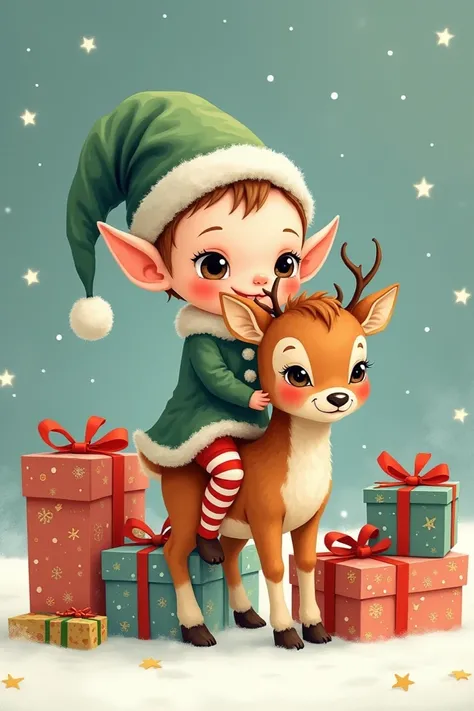 I draw a cute baby elf ,  with very striking Christmas costume ,  with round face and red cheeks , cabalgando un reno bebé  with round face and red cheeks ,  surrounded by Christmas presents  