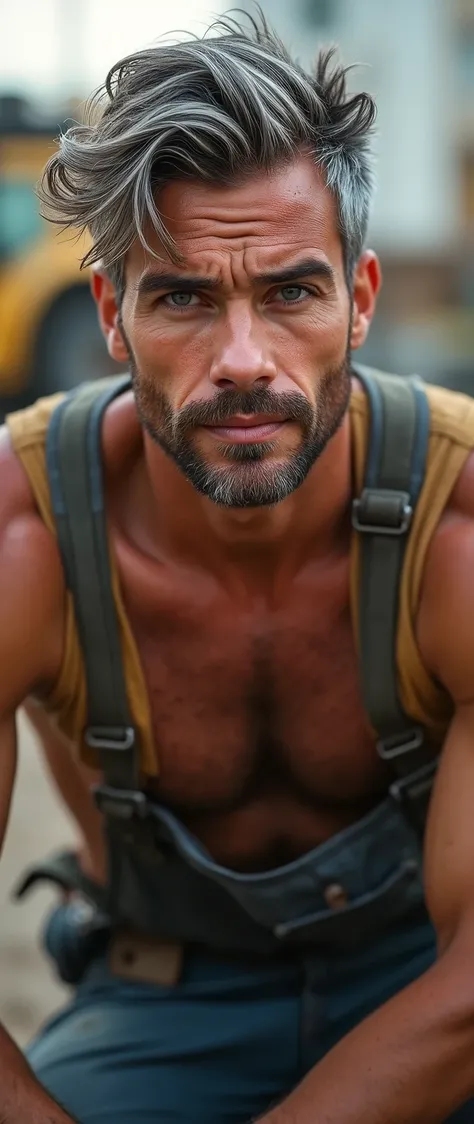 masterpiece, best quality, high resolution, closeup portrait, male focus, solo focus, A man, 35 years old, with construction worker uniform, unbuttoned work clothes, construction worker, silver grey hair, messy hairstyle, gay men,, hairy armpit, cute and s...