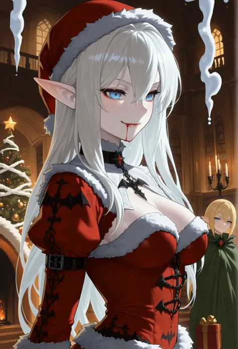 arafed a picture of elf vampire in her castle celebrating Christmas, an exquisite beautiful female elf vampire (ultra details, Masterpiece, best quality), bloody mouth, white hair, pale skin, dynamic haircut, long hair, blond hair, blue eyes, small pointed...