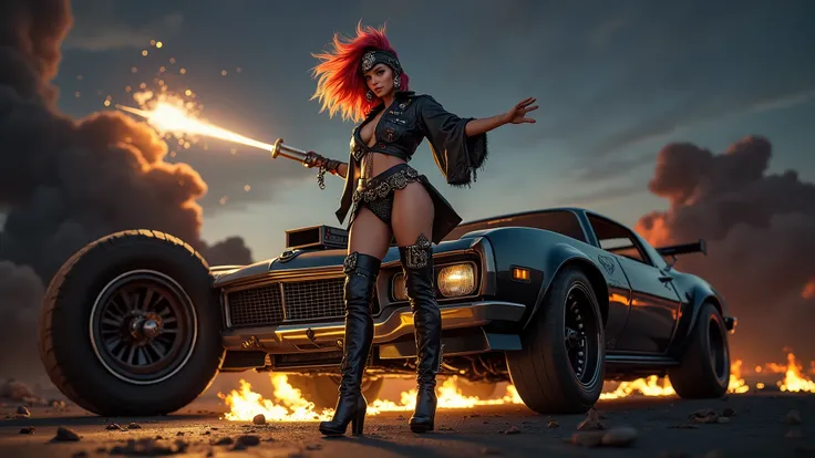 (  masterpiece ,  best quality),  A breathtaking young woman wearing long leather garments , always in the foreground ,  radiant hair flowing in various punk-style colors  , dressed in the Mad Max style :  a leather pilot hat adorned with intricate ornamen...