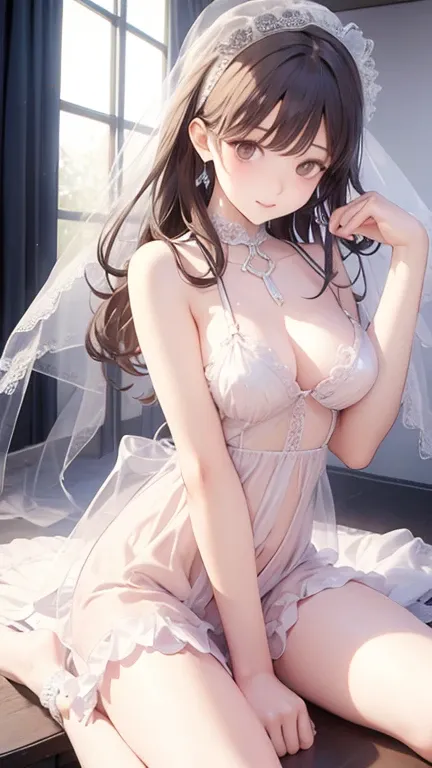 Highest quality、high resolution、High definition、HD、 アヘ顔, (Nitta Minami, アヘ顔, Long Hair、Medium chest、Brown Hair、Brown eyes、Glossy lips、Glowing Skin、Realistic skin texture)、negligee,pink frilly dress,veil,long gloves,lace panty,Staring at me、Love me、blush、La...