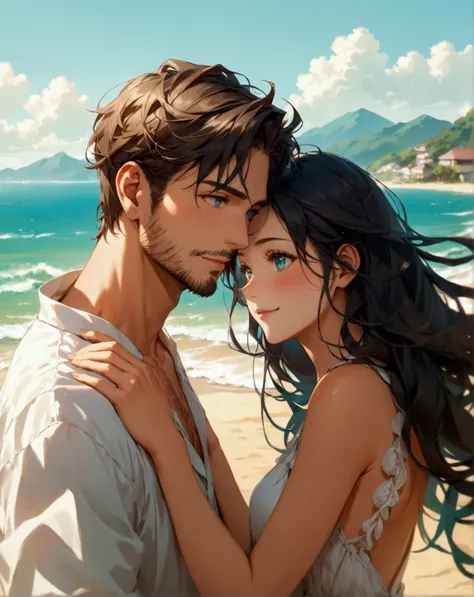 This is a couple picture of a Caucasian man in his thirties and a Japanese woman on the sandy beach. The couple is walking arm in arm. He has square face, coiffed short brown hair, neatly groomed beard, turned up chin and blue eyes. She has beautiful black...