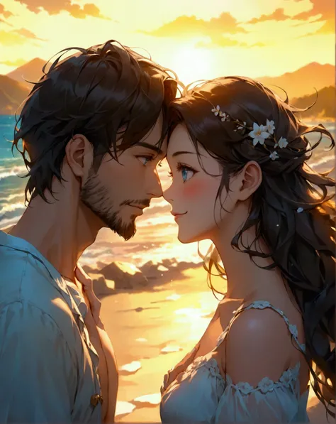 This is a couple picture of a Caucasian man in his thirties and a Japanese woman on the sandy beach. The couple is walking arm in arm. He has square face, coiffed short brown hair, neatly groomed beard, turned up chin and blue eyes. She has beautiful black...