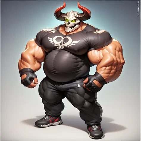 a big giant man with a musclegut tall wide body and big fat belly using black shirt, black pants, black gloves, skull helmet which cover all of his head with horn on the both sides. Full body, standing still, solo, 1 person, very big, very tall, very wide,...