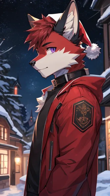 (Artist by zackary911, 8k, high quality, detailed eyes and fur, night, residents background), solo, male fox, anthro, red satured fur, red body, male body, purple eyes, black ears, red hair, short hair, hair cover eye, hands white, choker, eyeliner black, ...