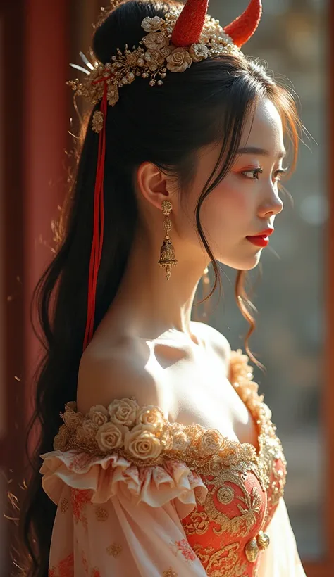  half image,คนใส่หน้ากากของญี่ปุ่นแบบเต็มหน้า ,ยกมือซ้ายถือง้าวประดับ ,Elegant dress , high resolution, Long hair,  looks at the audience ,  jewelry, Hair Ribbon, earring, Animal horns, bell, mask/Blindfold/Face mask, Decorative Arts,  high resolution, ต่า...