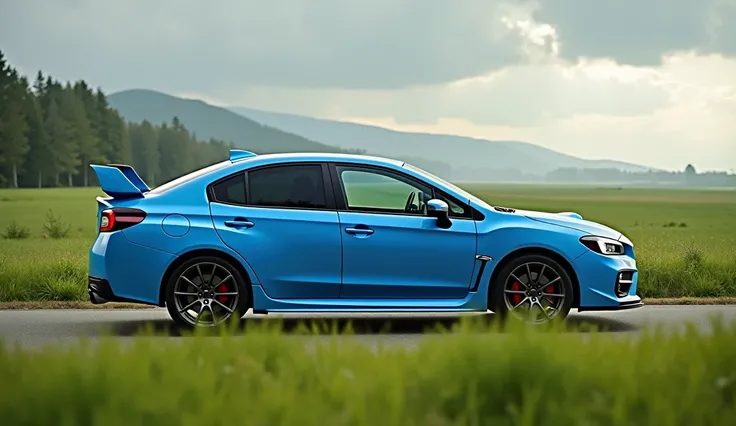 2025 Subaru WRX in lite blue color right side view at the road grass view 